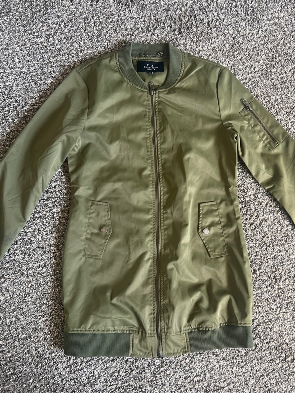 LA Coalition Olive Green Long Bomber Jacket XS